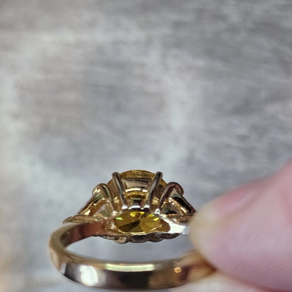 VTG 60s Yellow Cocktail Ring 18K HGE Gold Plate Rhinestone Sz 7 Round Cut - Picture 11 of 16
